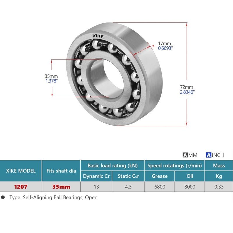 Xike 1 Pcs 1207 Self-Aligning Ball Bearings 35x72x17mm, Open and Chrome Steel Fits DIY/Fans/Industrial/Agriculture/Pulp/Paper/Beverage/Textile/Material Handling Machinery. - Image 2